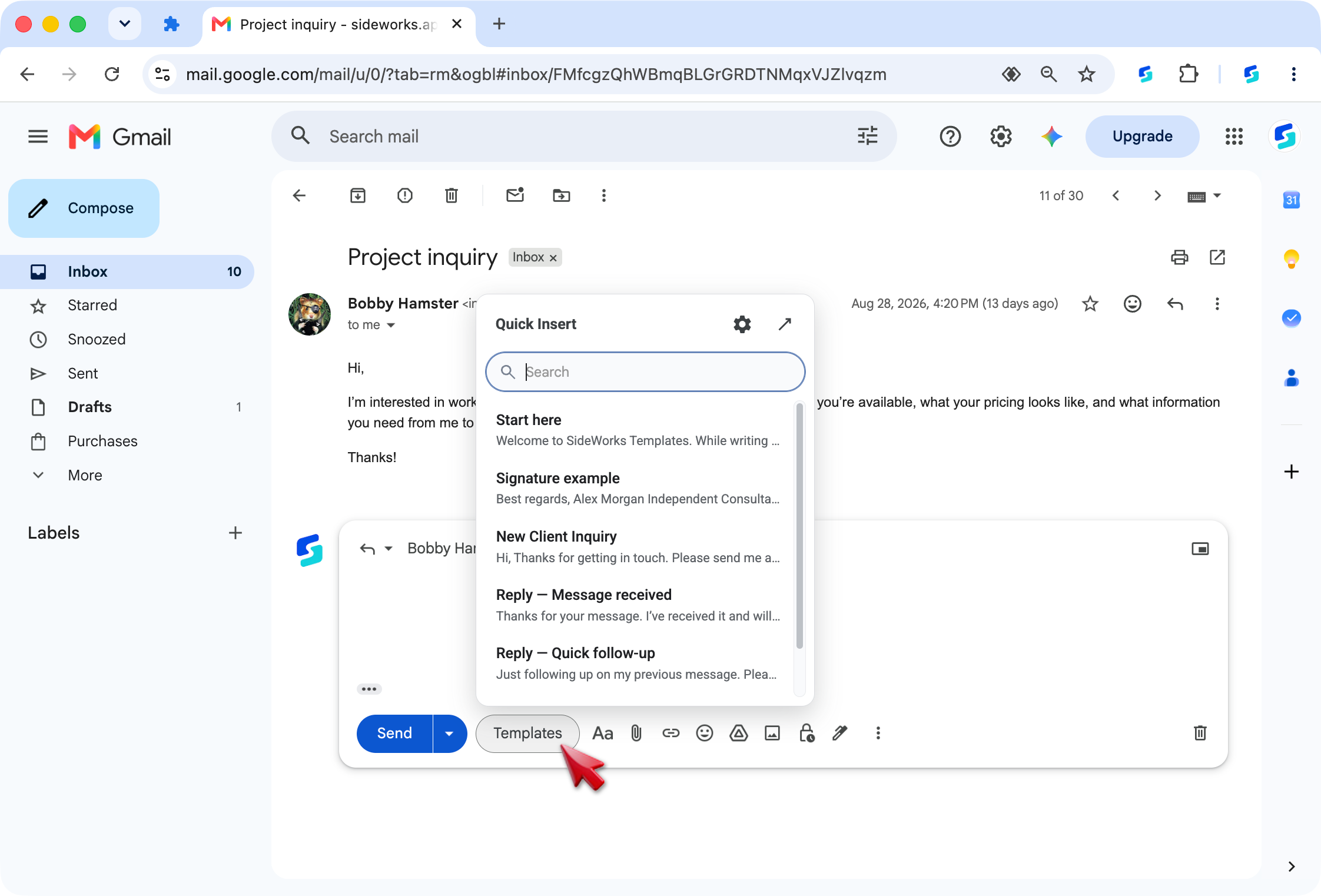 SideWorks Quick Insert menu with template title search in a Gmail reply window