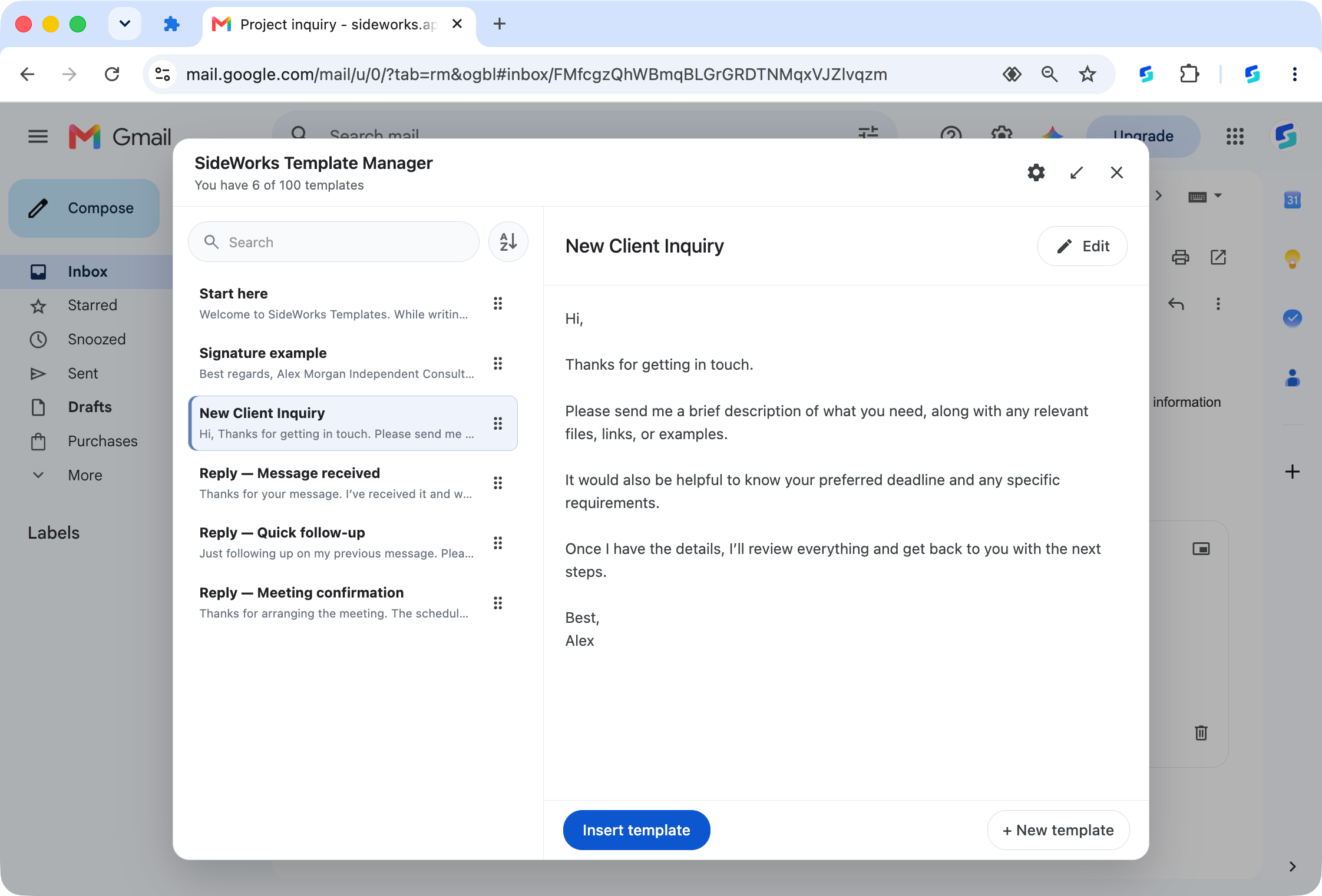 SideWorks template manager in Gmail with a list of templates and an editable response