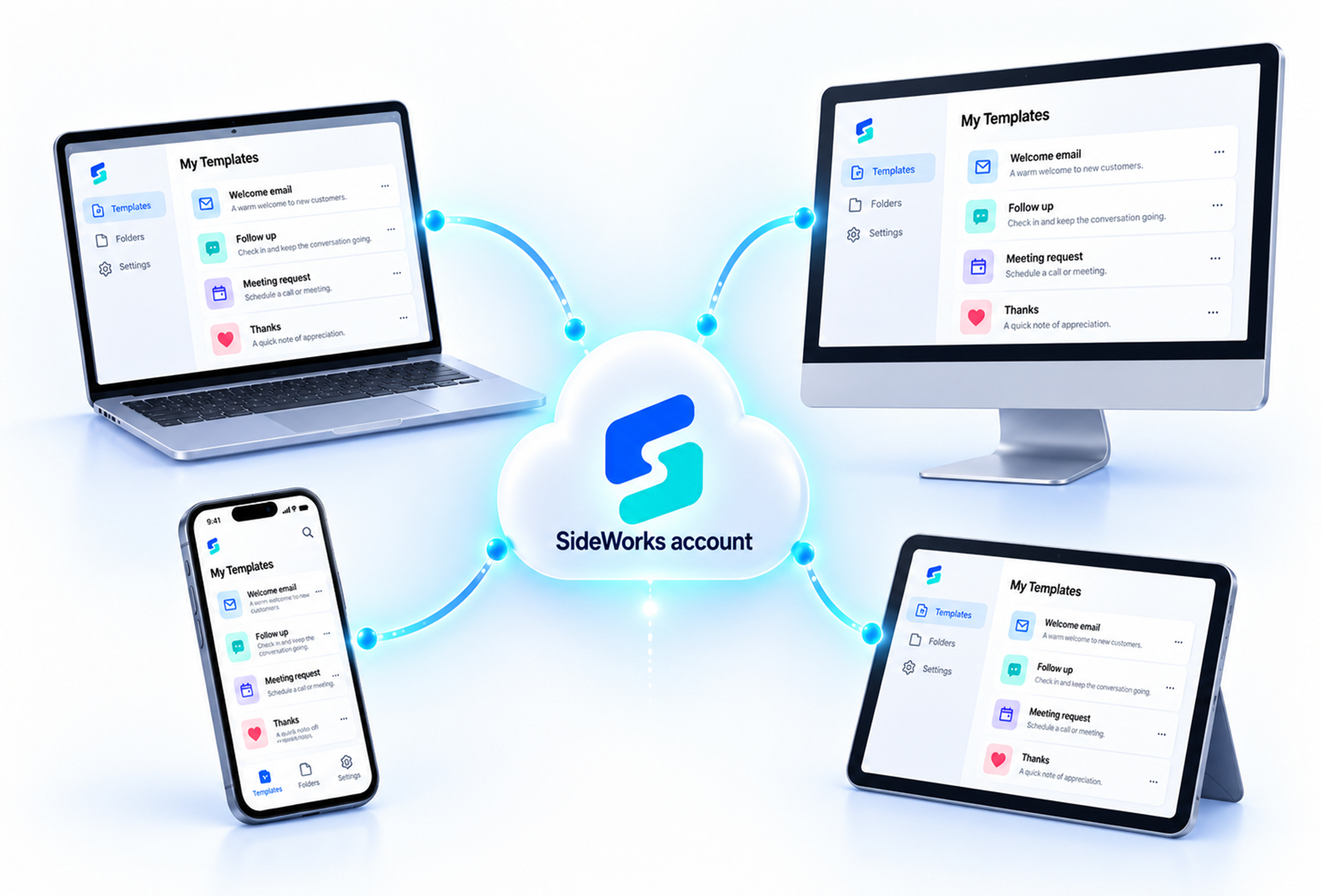 Illustration of a SideWorks account synchronizing a template library across computers, a phone and a tablet