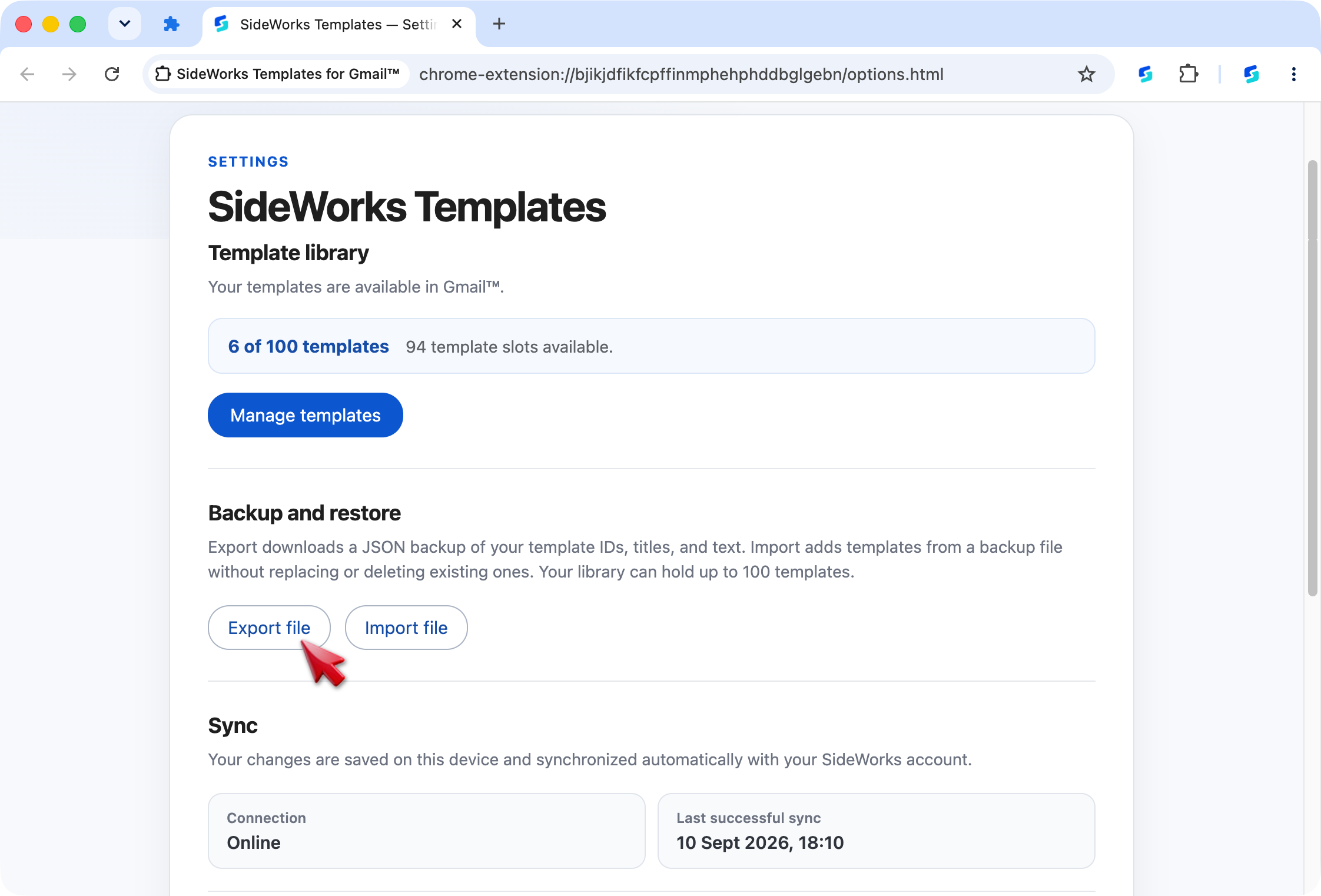 SideWorks settings showing options to import and export a template library