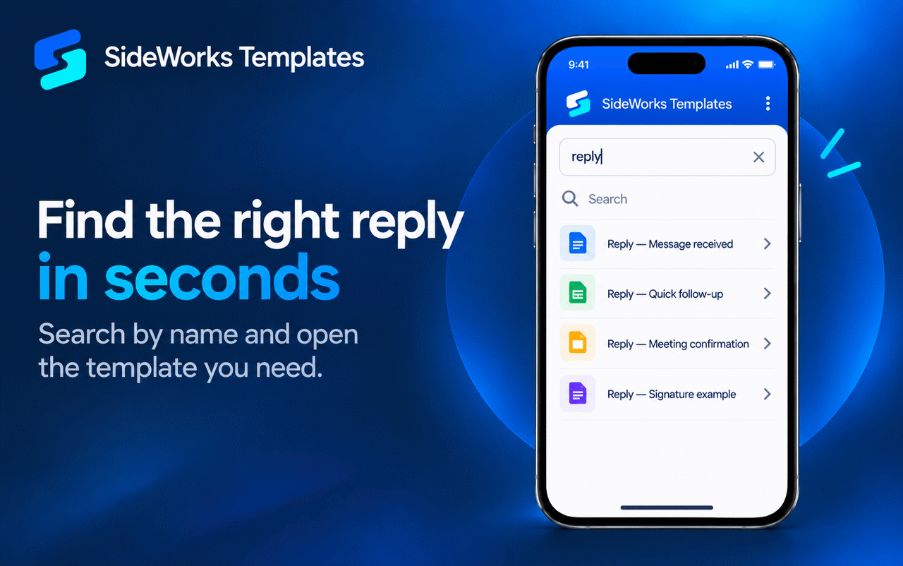 Find the right reply in seconds: the add-on search field on a phone with the matching templates listed by name.