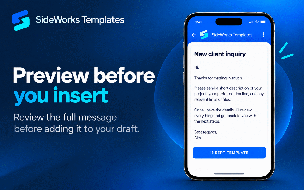 Preview before you insert: the full text of a saved template shown on a phone with an Insert template button underneath.