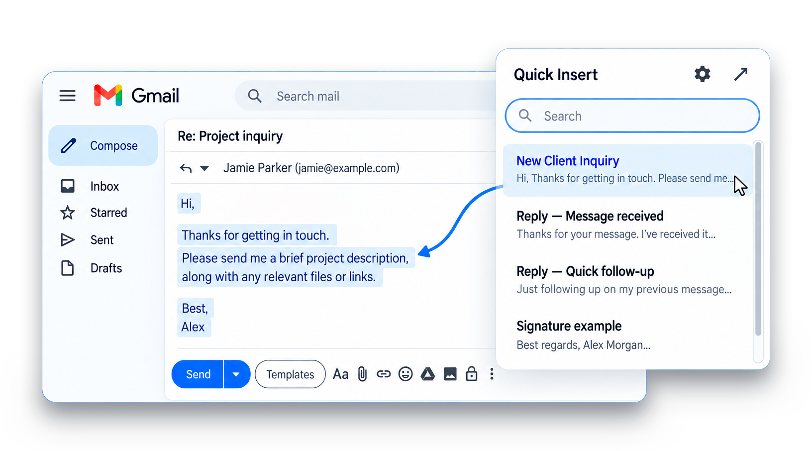 Illustration of SideWorks Quick Insert adding a saved response to a Gmail reply